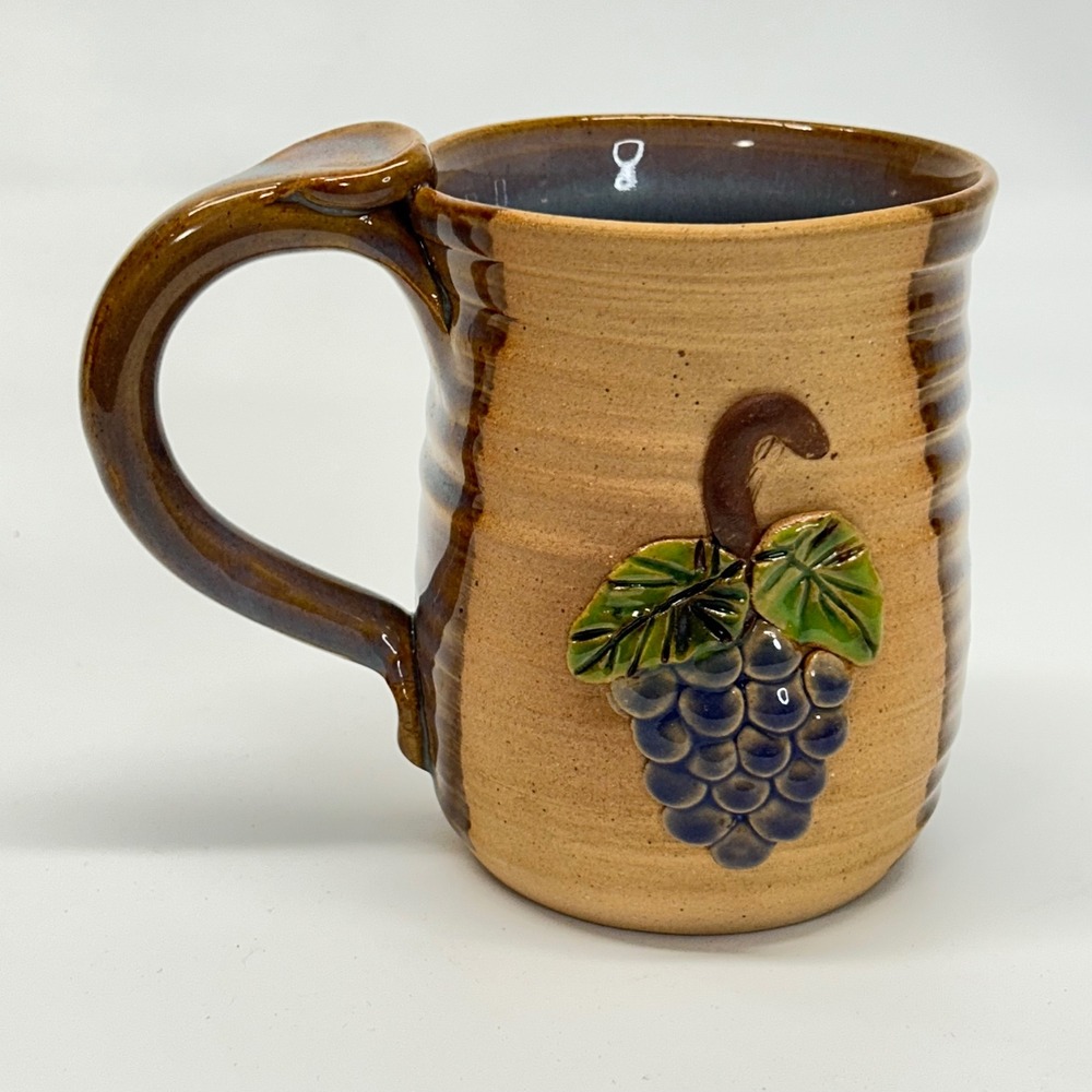 Studio Pottery Signed GP Grape Cluster Relief Mug Thumb Rest Brown Blue Glaze